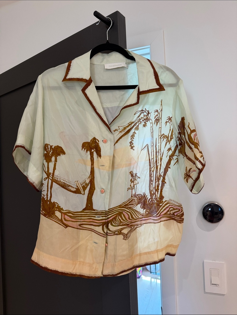 Zimmermann Cream Button-Down Shirt with Brown Tropical Scene